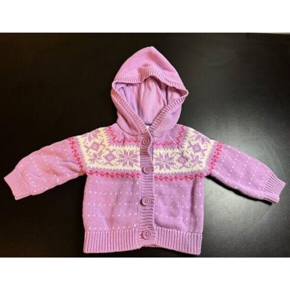 Oshkosh Size 9 month Infant Baby  Purple Button Up Knit Snowflake Sweater W/Hood - Picture 1 of 6